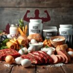 Flick International A rustic wooden table showcasing a colorful arrangement of high-protein foods including steak, chicken breasts, eggs, and protein powders, symbolizing dietary trends.