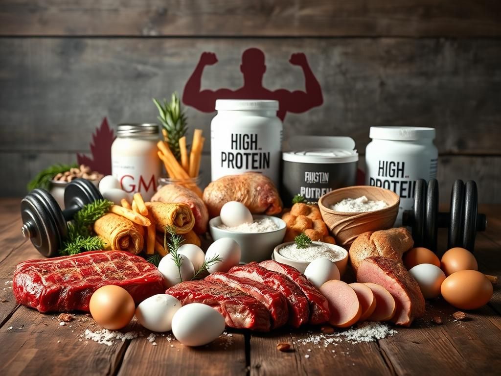 Flick International A rustic wooden table showcasing a colorful arrangement of high-protein foods including steak, chicken breasts, eggs, and protein powders, symbolizing dietary trends.