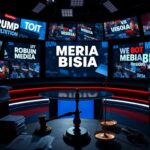 Flick International A dramatic television news studio with multiple screens showing political headlines and an empty news desk symbolizing media bias