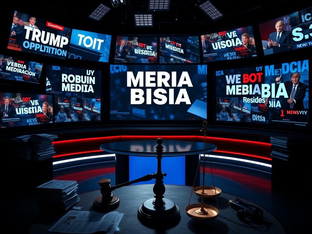 Flick International A dramatic television news studio with multiple screens showing political headlines and an empty news desk symbolizing media bias