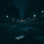 Flick International Dimly lit empty university campus at night with abandoned smartphone