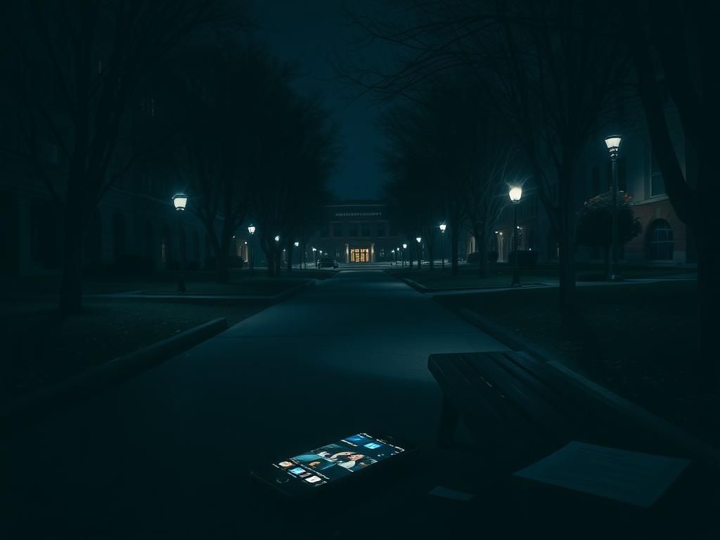 Flick International Dimly lit empty university campus at night with abandoned smartphone