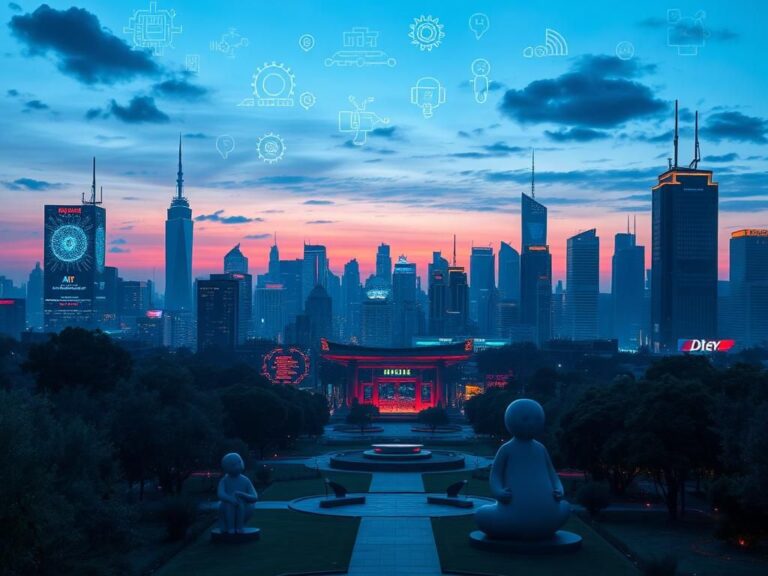 Flick International Futuristic city skyline at dusk highlighting AI technology