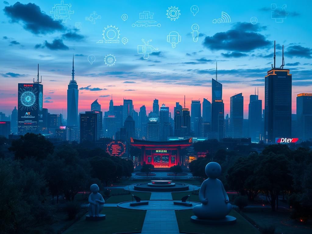 Flick International Futuristic city skyline at dusk highlighting AI technology