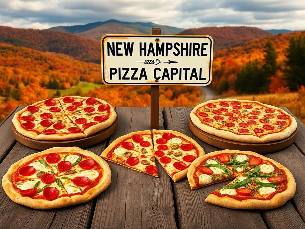 Flick International A vibrant display of various pizzas on rustic wooden tables with a backdrop of New Hampshire's autumn landscape