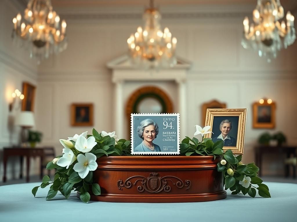 Flick International A newly unveiled commemorative stamp honoring Barbara Bush on a wooden podium with decorative foliage