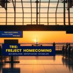 Flick International Empty airport departure terminal at sunrise with a banner for 'Project Homecoming: Self-Deportation Program'