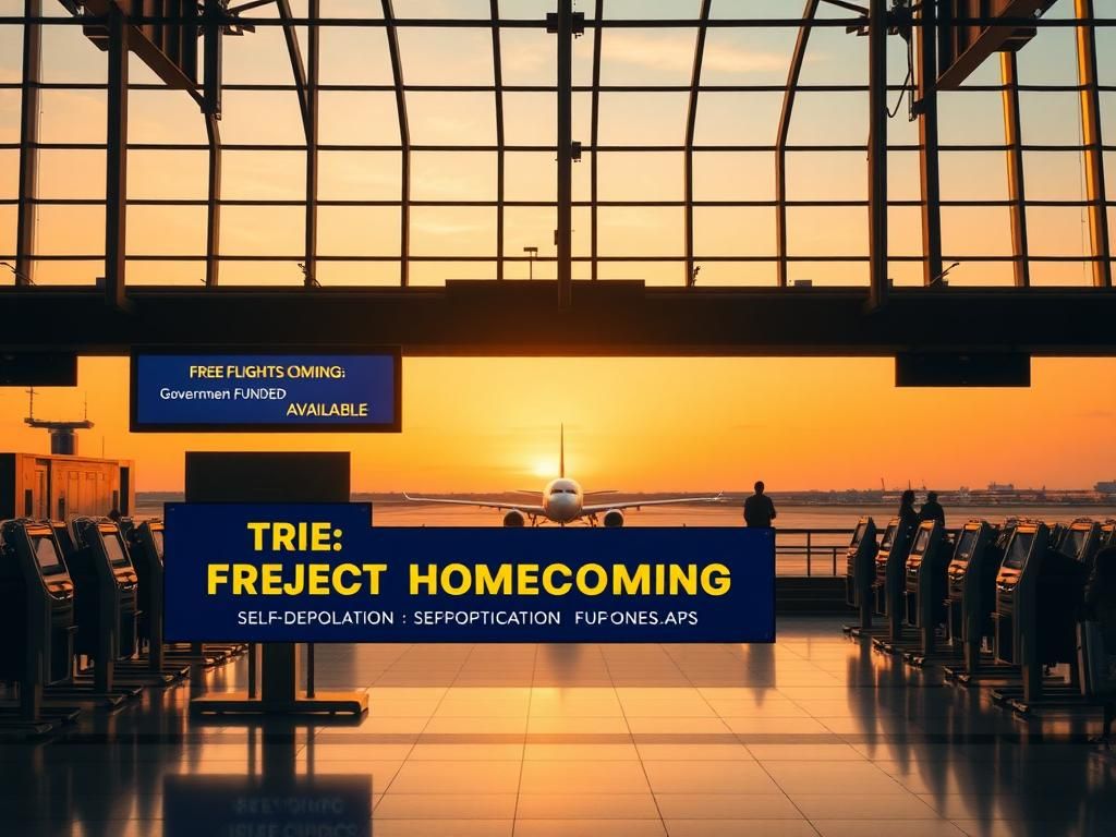 Flick International Empty airport departure terminal at sunrise with a banner for 'Project Homecoming: Self-Deportation Program'