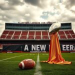 Flick International A gleaming Vince Lombardi Trophy on a pedestal in front of a football field