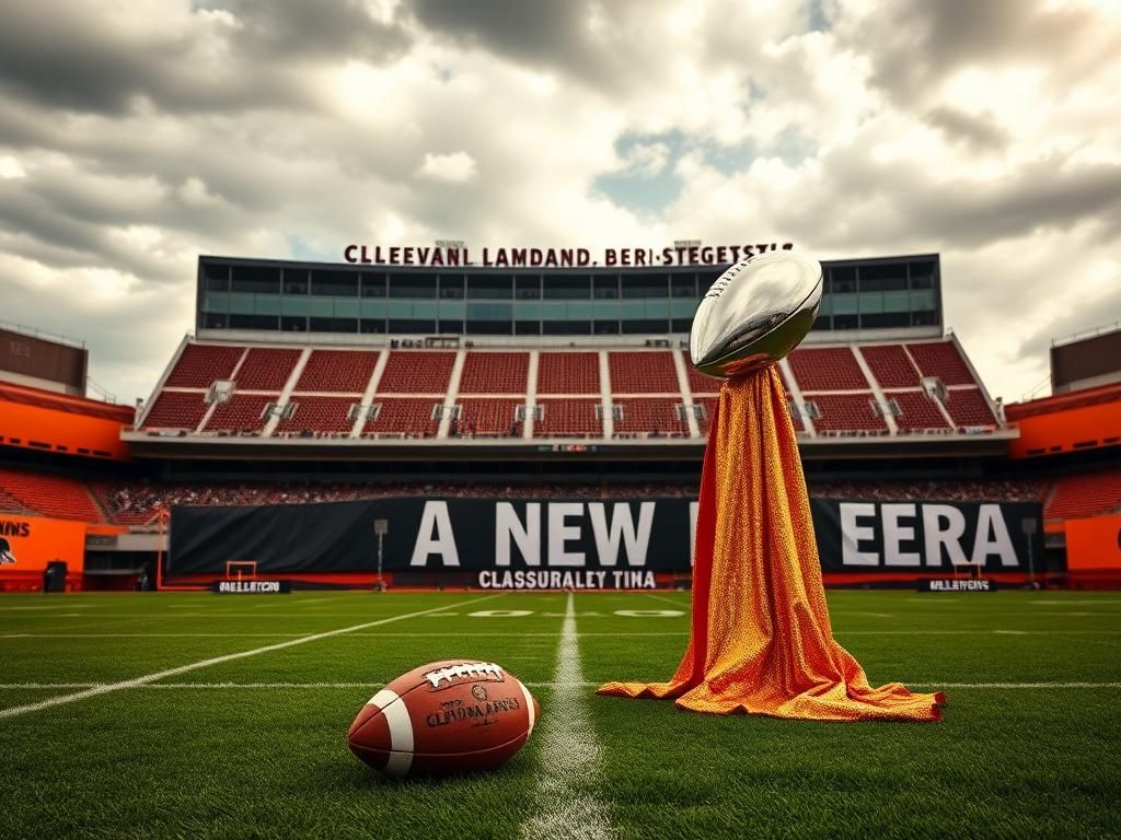 Flick International A gleaming Vince Lombardi Trophy on a pedestal in front of a football field