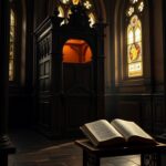 Flick International Dimly lit confessional booth in a historic Catholic church