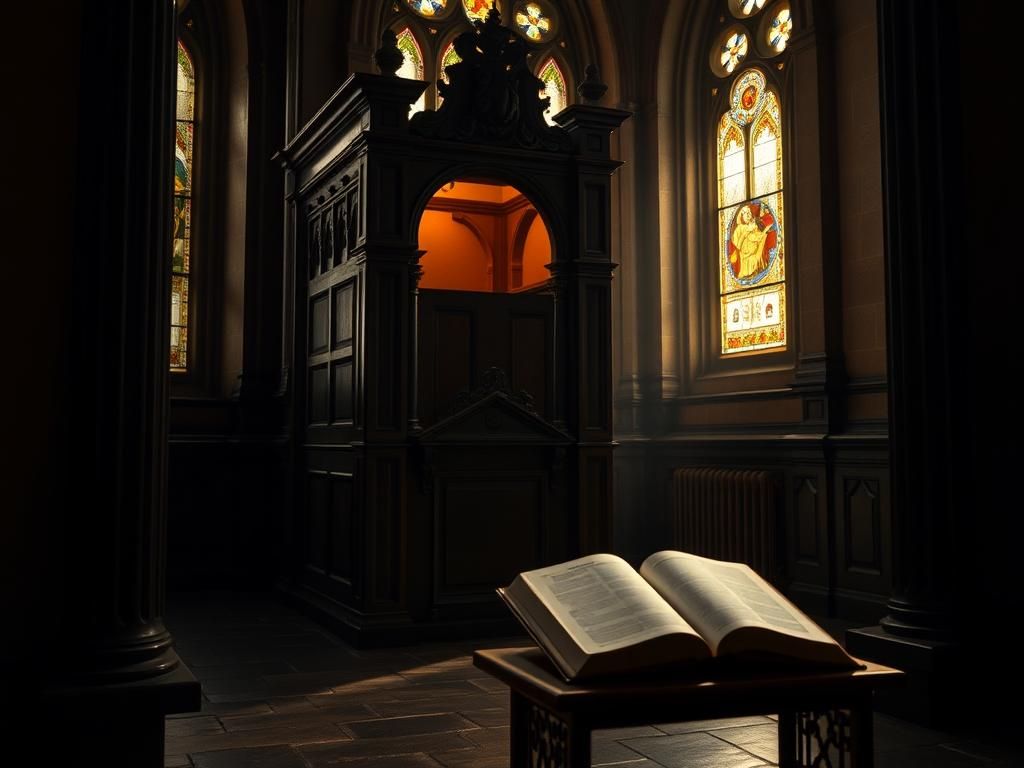 Flick International Dimly lit confessional booth in a historic Catholic church