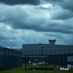 Flick International Exterior view of an ICE detention facility with high security and barbed wire