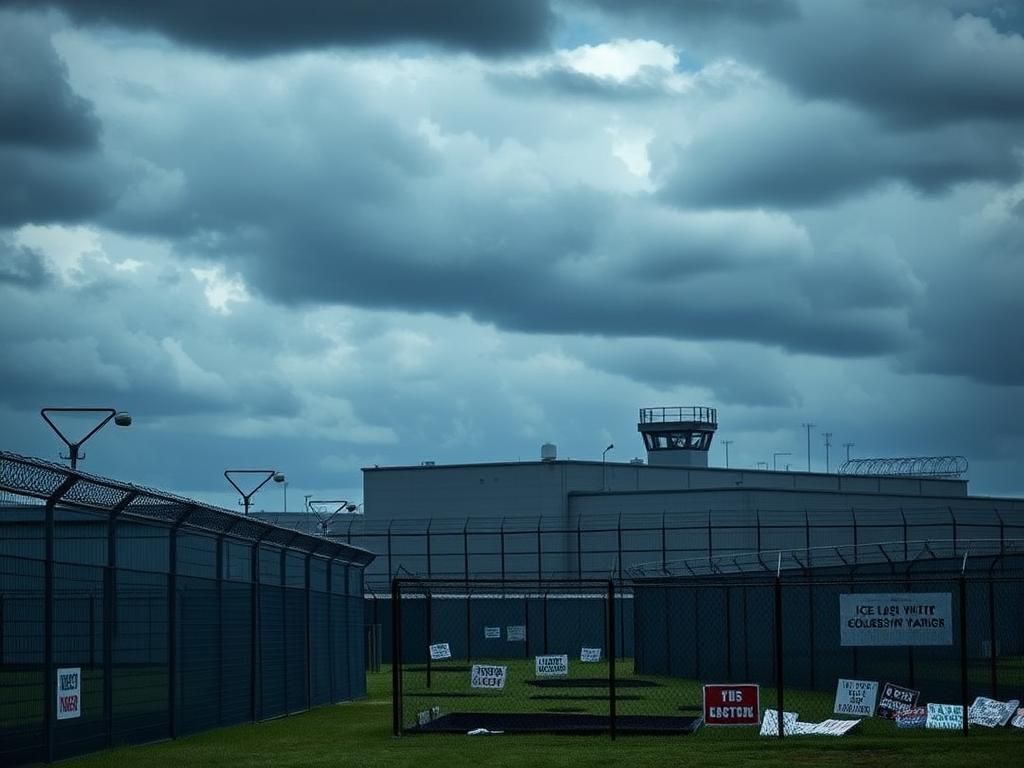 Flick International Exterior view of an ICE detention facility with high security and barbed wire