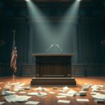 Flick International Dramatic courtroom scene depicting an empty witness stand with legal documents scattered on the floor