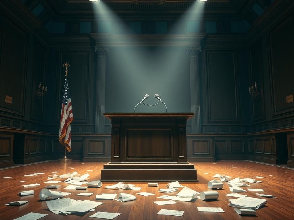 Flick International Dramatic courtroom scene depicting an empty witness stand with legal documents scattered on the floor