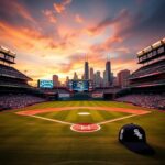 Flick International Vibrant baseball stadium during sunset with Chicago skyline in background