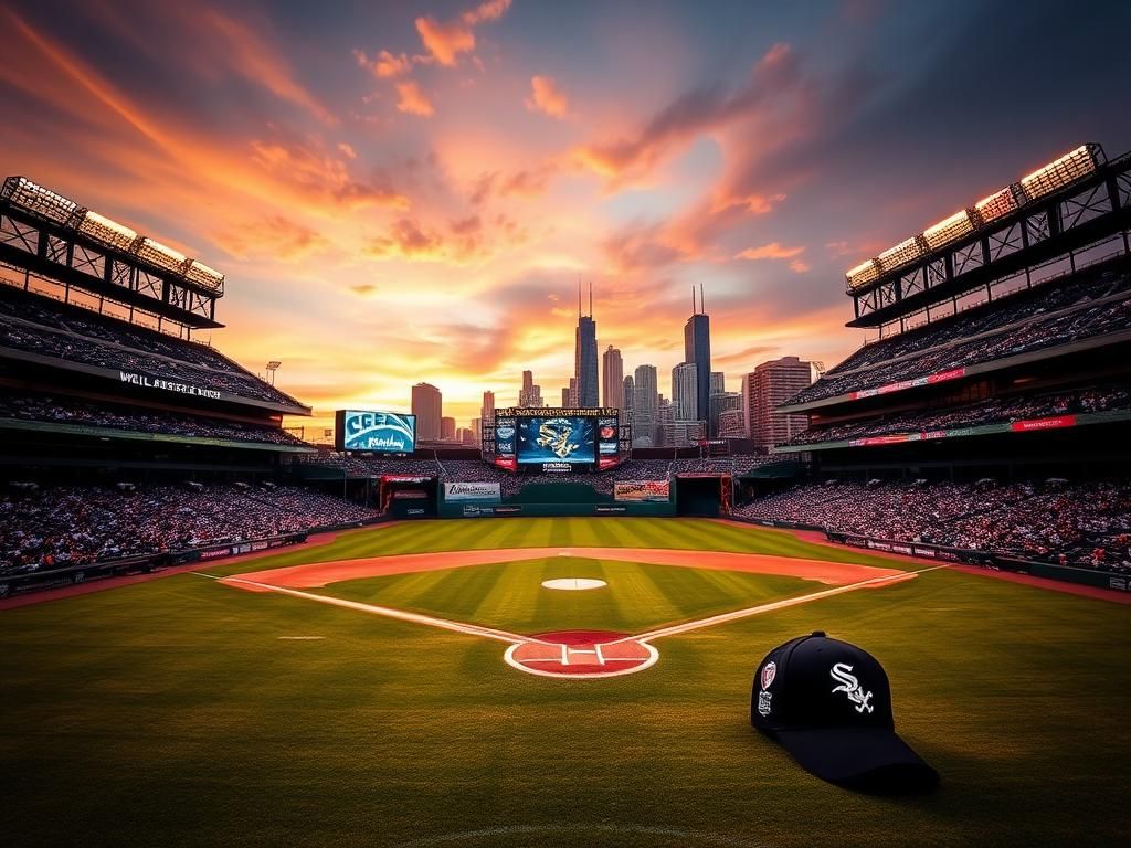 Flick International Vibrant baseball stadium during sunset with Chicago skyline in background