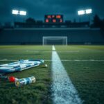 Flick International Abandoned blue and white stretcher on a soccer field after a medical event