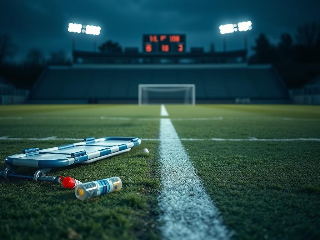Flick International Abandoned blue and white stretcher on a soccer field after a medical event