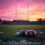 Flick International Empty football field at dusk with goalposts silhouetted against a colorful sky
