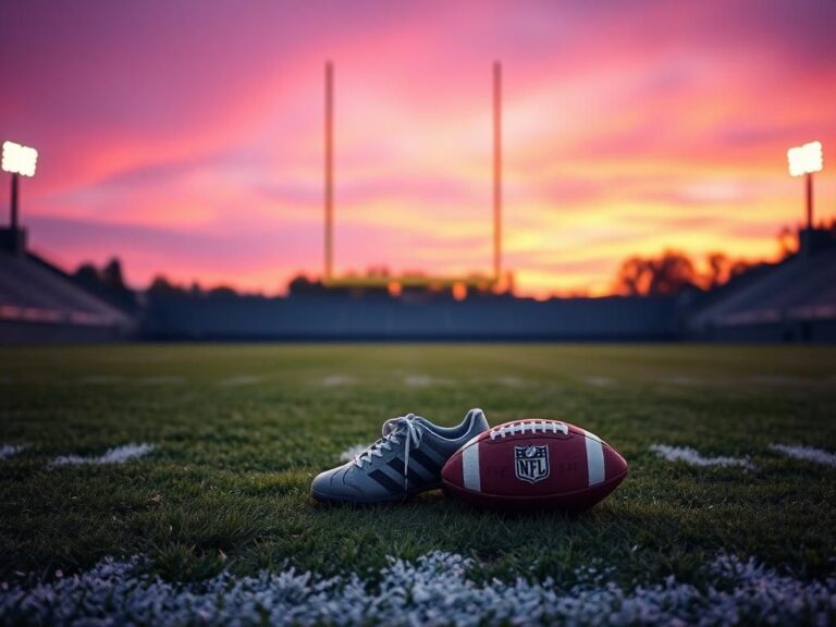 Flick International Empty football field at dusk with goalposts silhouetted against a colorful sky