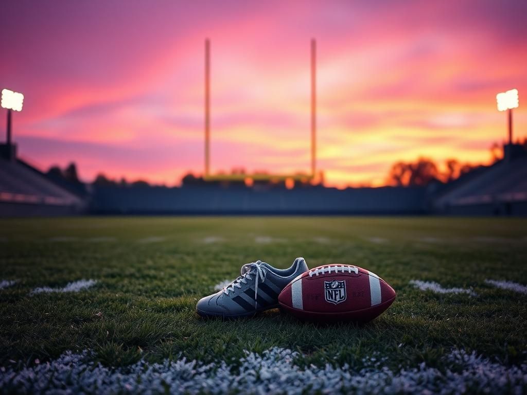 Flick International Empty football field at dusk with goalposts silhouetted against a colorful sky