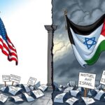 Flick International Split scene of American and Palestinian flags representing division and unrest