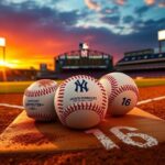 Flick International Dramatic baseball scene at Yankee Stadium during sunset showcasing Jasson Dominguez's three-home run game