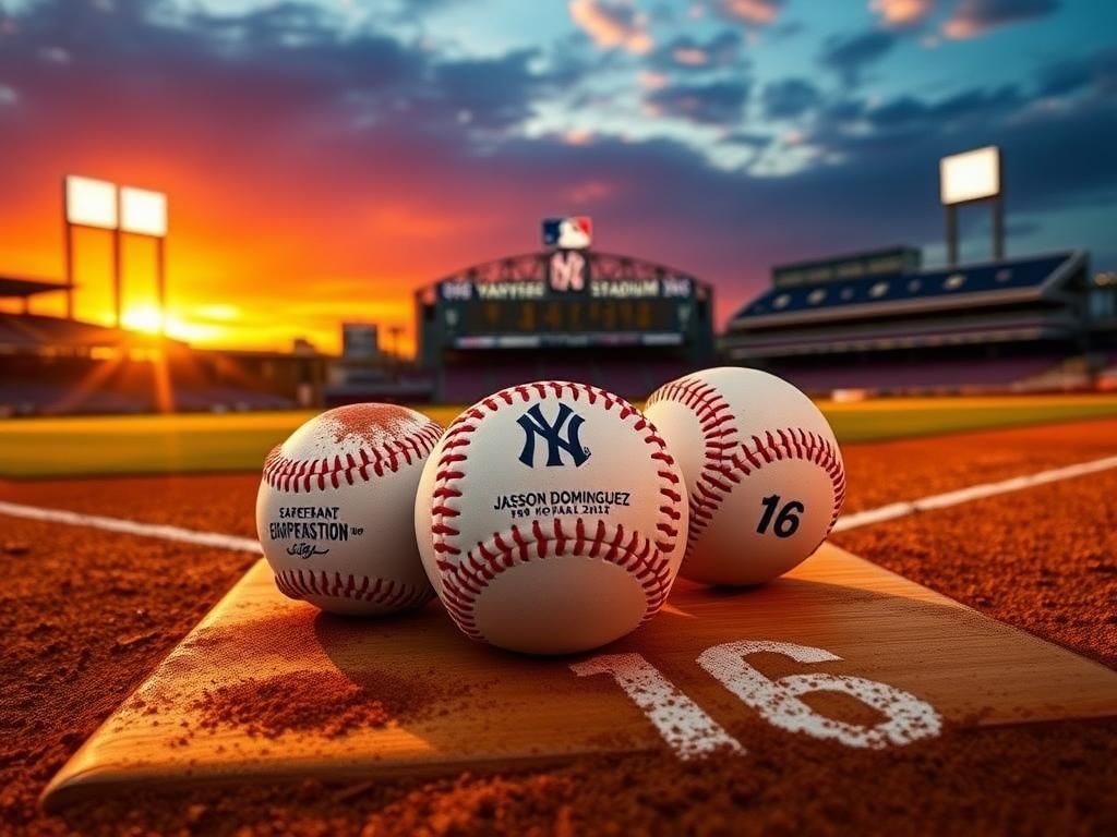 Flick International Dramatic baseball scene at Yankee Stadium during sunset showcasing Jasson Dominguez's three-home run game