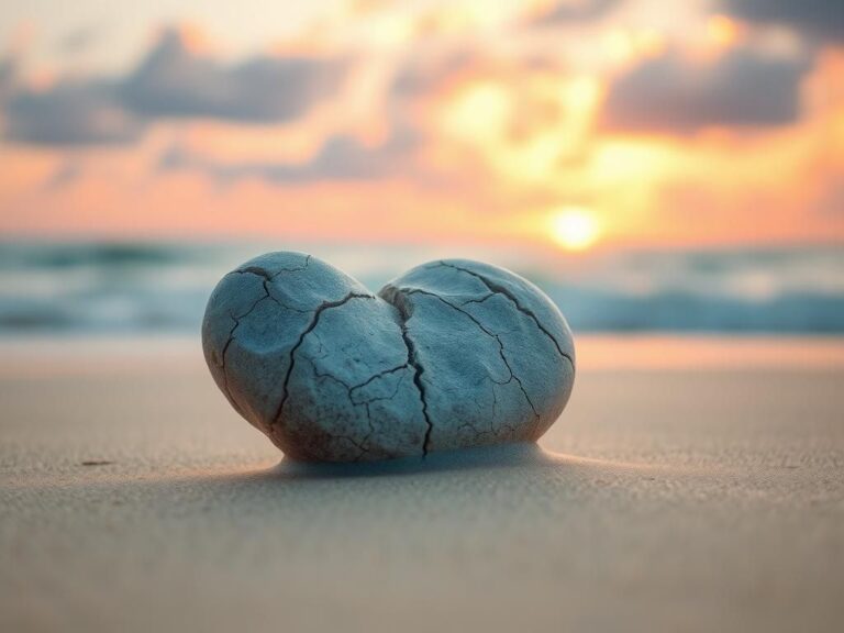 Flick International Close-up of a cracked heart-shaped stone on a beach at sunrise