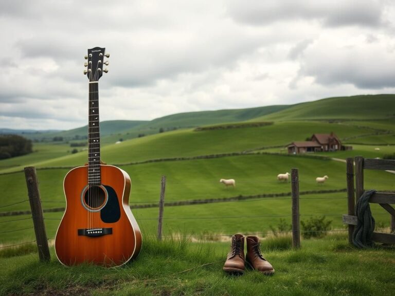 Flick International Picturesque UK countryside scene with rolling green hills, rustic farmhouse, and grazing sheep representing Ellen DeGeneres's struggles with country life.