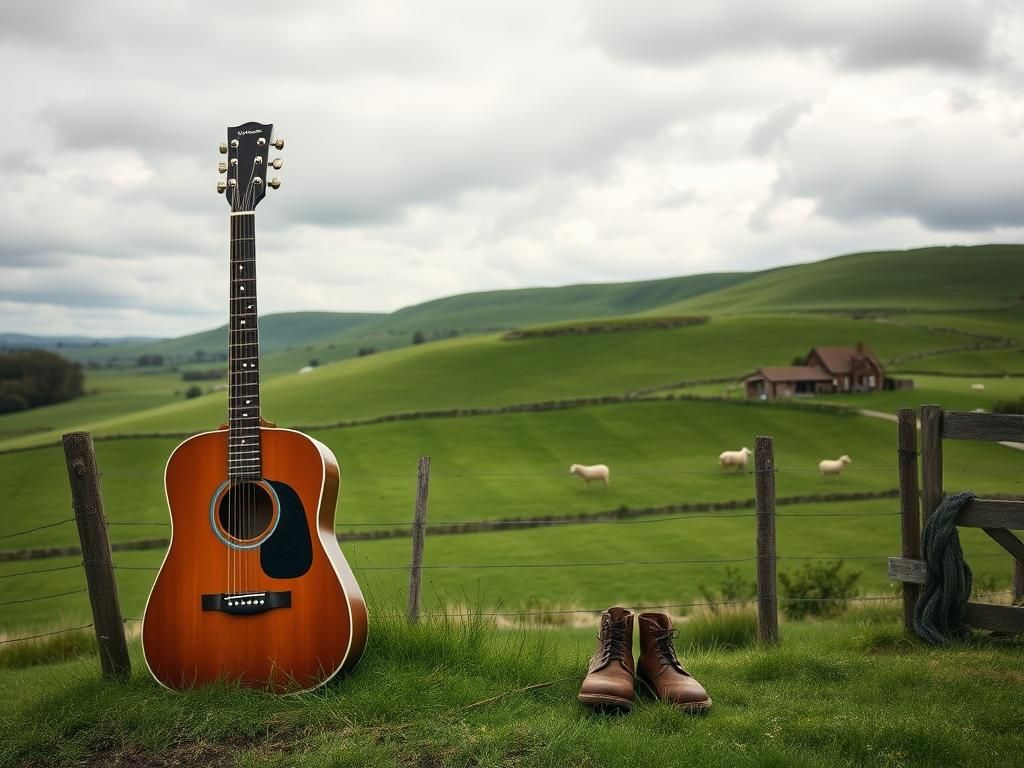 Flick International Picturesque UK countryside scene with rolling green hills, rustic farmhouse, and grazing sheep representing Ellen DeGeneres's struggles with country life.