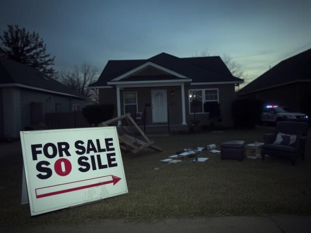 Flick International Dimly lit suburban street in Oklahoma showing a distressed home after an ICE raid