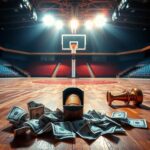 Flick International A worn college basketball court with crumpled dollar bills and a broken trophy, symbolizing the chaos in college athletics.