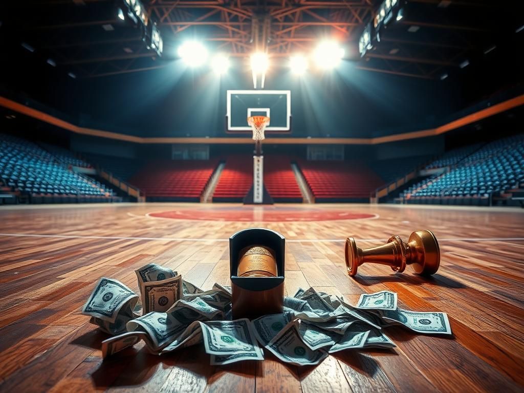 Flick International A worn college basketball court with crumpled dollar bills and a broken trophy, symbolizing the chaos in college athletics.