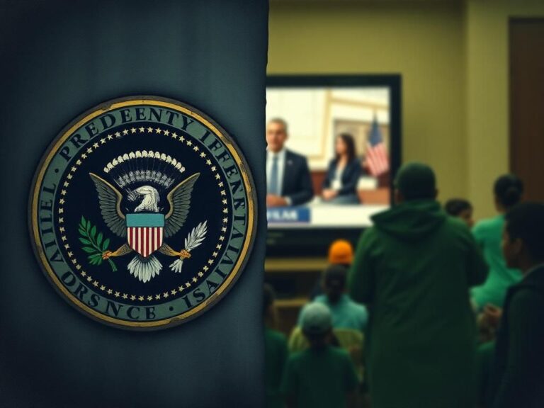 Flick International An abstract representation of a political landscape, showcasing a tarnished presidential seal and vibrant political icons.