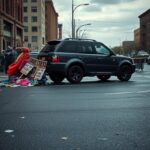 Flick International Urban street scene in Worcester, Massachusetts with dark SUV and protest signs