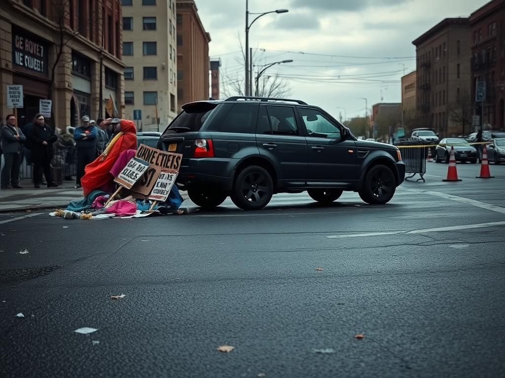 Flick International Urban street scene in Worcester, Massachusetts with dark SUV and protest signs