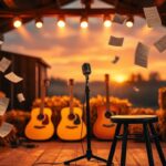 Flick International Dramatic country music stage set in a rustic outdoor venue at sunset