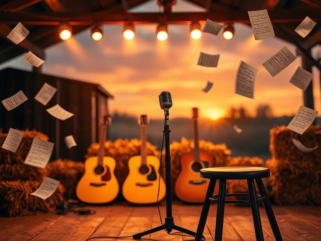 Flick International Dramatic country music stage set in a rustic outdoor venue at sunset