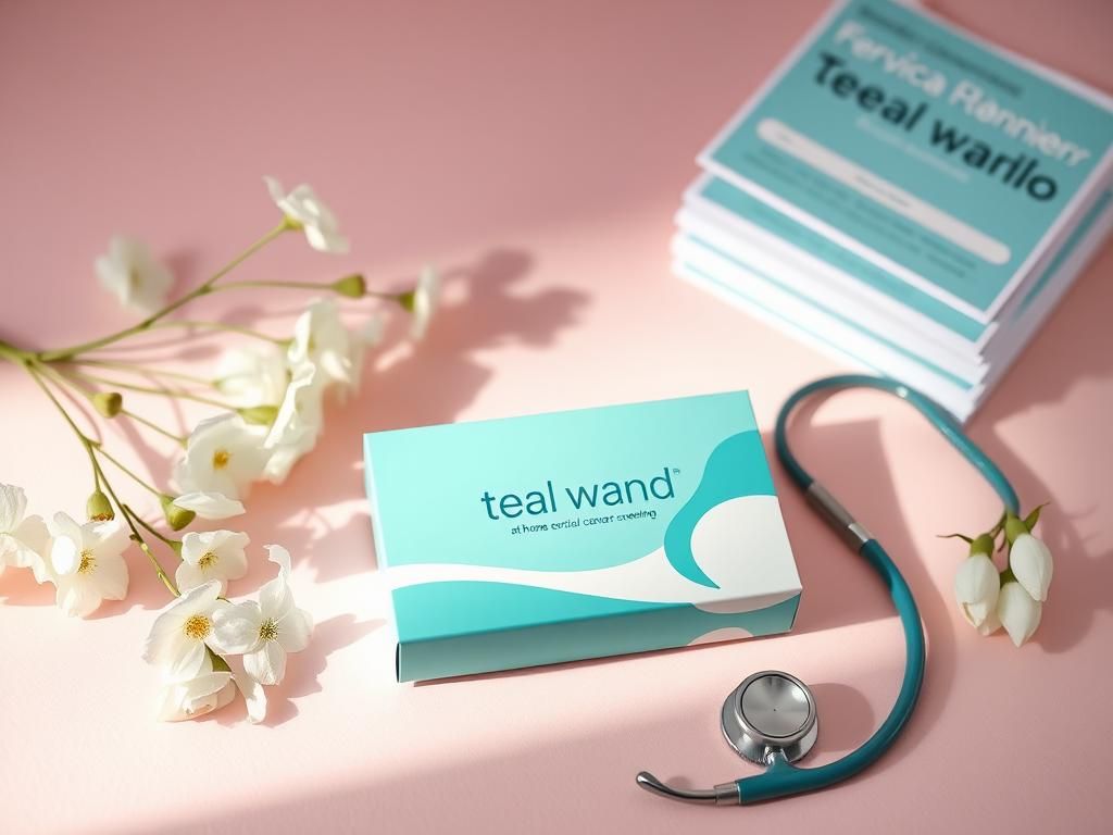 Flick International Flat lay of the Teal Wand at-home cervical cancer screening kit on a pastel background
