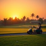 Flick International Abandoned golf cart on a serene golf course at sunset