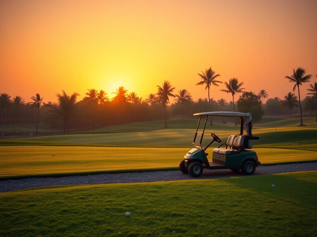 Flick International Abandoned golf cart on a serene golf course at sunset