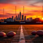 Flick International A well-worn football field at dusk with goalposts against a vibrant sunset and Cleveland skyline in the background.