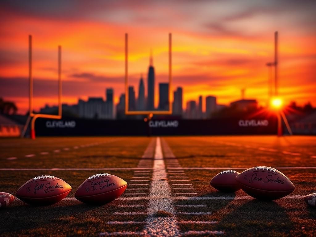 Flick International A well-worn football field at dusk with goalposts against a vibrant sunset and Cleveland skyline in the background.