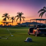 Flick International Luxurious golf cart parked on a golf course at dusk with scattered golf clubs and a baseball cap.