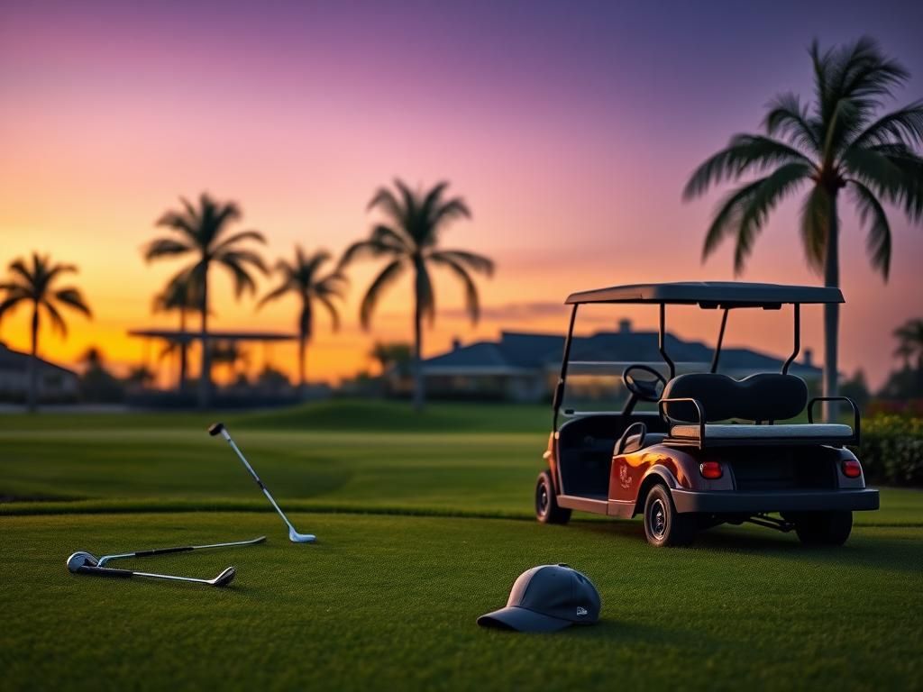 Flick International Luxurious golf cart parked on a golf course at dusk with scattered golf clubs and a baseball cap.