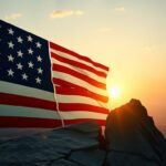 Flick International Abstract representation of American values with a stylized American flag blending contrasting colors symbolizing unity and division