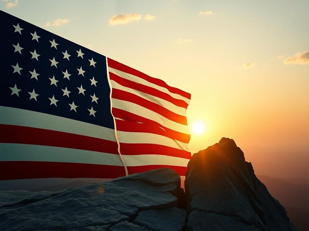 Flick International Abstract representation of American values with a stylized American flag blending contrasting colors symbolizing unity and division